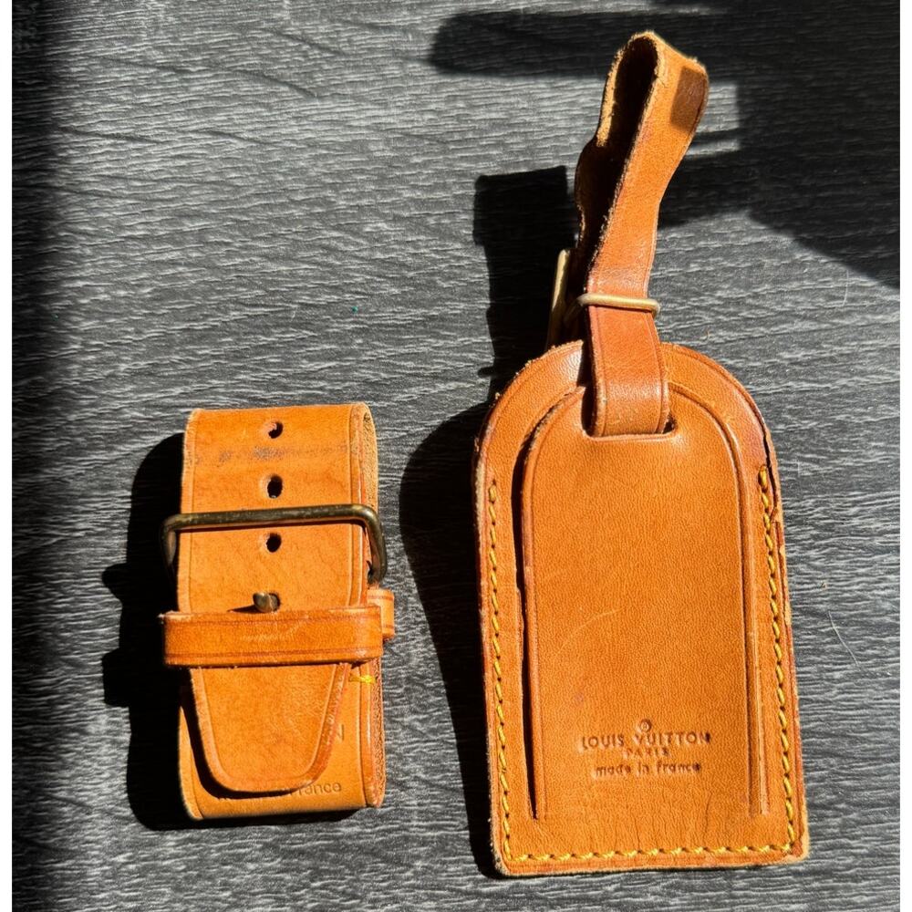 Authentic Louis Vuitton Vachetta Leather Name Luggage Tag And Poignet Set SN205